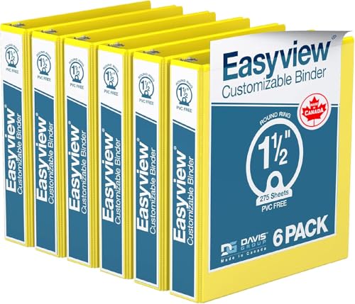 Image of Easyview Premium 3-Ring Binders with Clear-View Covers and Round Rings, Binders for School or Office, 1.5 Inch, Pack of 6, Yellow | Heavy-duty binder, fits 8.5 inch x 11 inch paper, customizable cover, made in Canada, ideal for school or office use
