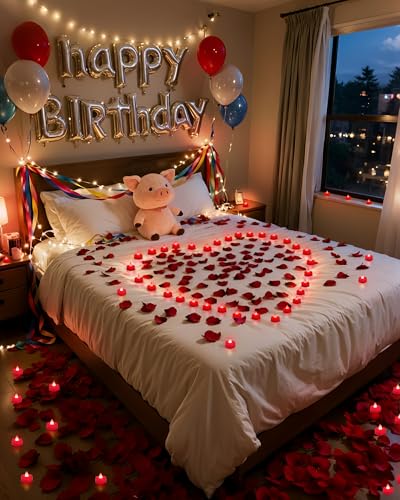 Image of Amagic 4000 Pieces Red Artificial Rose Petals with 50 Red Heart LED Tea Lights, Rose Petals and Candles Set for Proposal, Anniversary, Romantic Night, Wedding Decor