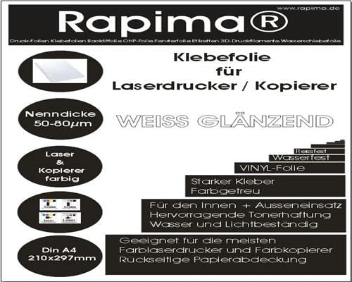 100 x DIN A4 Klebefolie weiß glänzend - Druckerfolie, klebend, zum Bedrucken, Wetterfest, Wasserfest für Laserdrucker, Outdoor