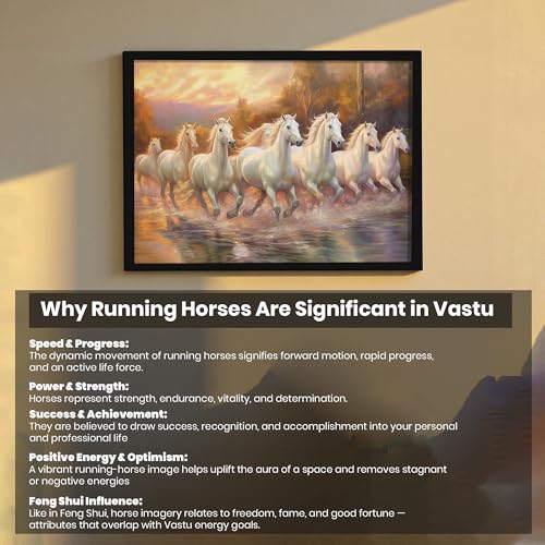 Image of PAINTINGMANTRA 7 White Running Horses Vastu Framed Wall Art | Symbol of Success, Harmony & Positive Energy | Premium Wall Decor for Living Room & Office, 14x18 Inch