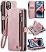 Defencase for iPhone 14 Case, iPhone 14 Wallet Case for Women Men, Durable PU Leather Magnetic Buckle Flip Strap Wristlet Zipper Card Holder Wallet Phone Cases for iPhone 14 [6.1-inch], Rose Pink