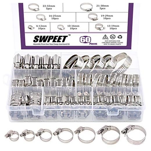 Swpeet 60Pcs Assorted Sizes Hose Clamps Kit, 304 Stainless Steel Adjustable 6-38mm Range Worm Gear Hose Clamp Perfect for Plumbing, Automotive And Mechanical Applications