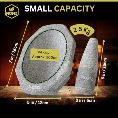 Image of NOMZ Stone Mortar and Pestle Set (Kalvam) 7 Inch, 2.5 Kg, 3 /4 Cup | Handmade Silbatta for Chutney and Masala | Heavy Duty Khalbatta with Anti-Skid Base