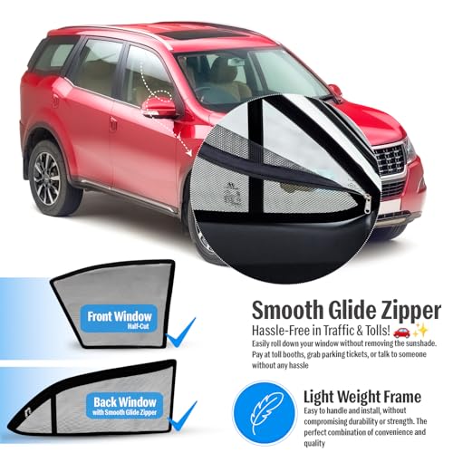 Image of Autofact Magnetic Car Sunshades Compatible with Mahindra XUV 500 (Set of 4) - Easy Installation, UV Protection, Keeps Car Cool (Front 2 Half-Cut for Side Mirror Visibility, Rear 2 with Zippers)