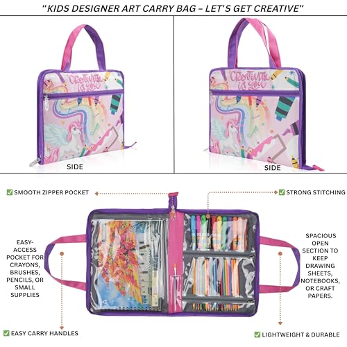 Image of Echo Boomers A4 Kids Drawing Bag | Art & Stationery Organizer with Zipper Pocket (Creativity Vs You) Unicorn Theme