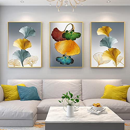Décoration murale salon moderne affiche Ginkgo dorée style scandinave