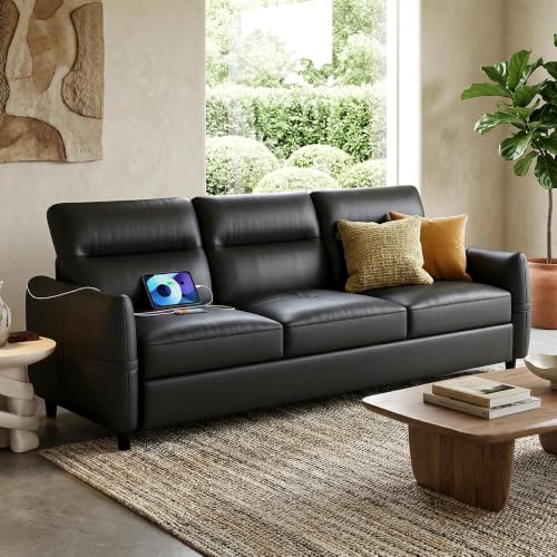 Image of 85'' Black Faux Leather Couch with USB, 3-Seater Sofa for Living Room | Large Leather Sofa and Comfy Couch, Mid-Century Modern Design with Comfy Seating, Office Apartment Bedroom, Black