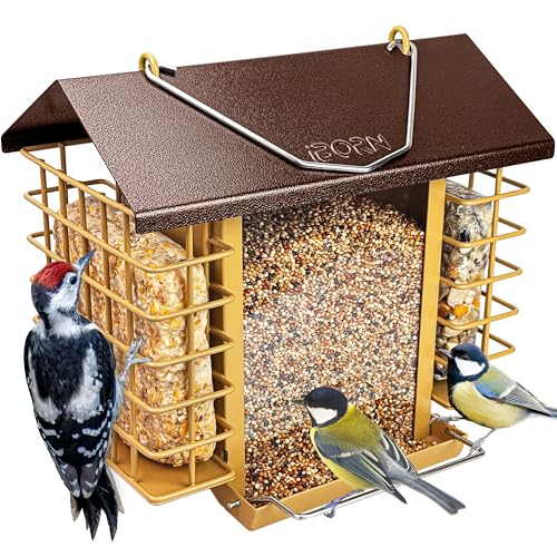 iBorn Bird Feeders for Outdoors,Bird Feeder with Double Suet Holders,Suet Feeder for Outside,Weatherproof Metal Roof,Easy to Refill&Clean,3.2 LBs Seed Capacity+2X Cake,1 Pack,Coffee Roof & Yellow Grid