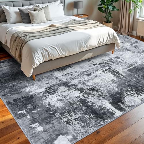 KOZYFLY Modern Abstract Area Rug 8x10 Gray Washable Large Living Room Thin Rugs Bedroom Non Skid Carpet with Faux Wool Soft Low Pile for Dining Room Living Room Office Dorm Kitchen Table Apartment