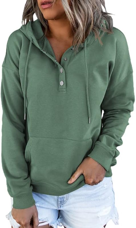Womens 2025 Hoodies Button Collar Drawstring Hooded Pullover Sweatshirt Casual Long Sleeve Tops Shirts