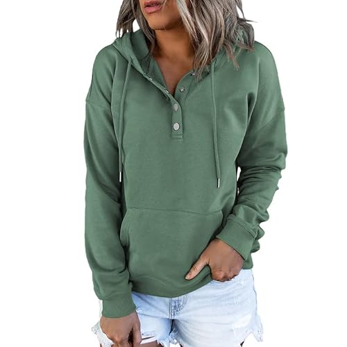 Dokotoo Womens 2025 Hoodies Button Collar Drawstring Hooded Pullover Sweatshirt Casual Long Sleeve Tops Shirts