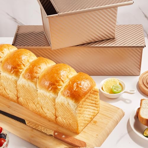 Image of KITESSENSU Pullman Loaf Pan with Lid, 2 lb Dough Capacity, Gold | Nonstick Carbon Steel Japanese Milk Bread Loaf Pan, Square Toast Mold for Sandwich Bread, Sourdough Loaves & Homemade Bread