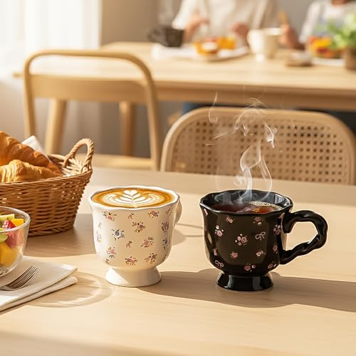 Image of Hiceeden Set of 2 Vintage Flower Coffee Mug, 14 oz Cute Ceramic Floral Coffee Cup, Unique Teacups Coffee Mugs with Base for Milk, Latte, Cocoa, Gift for Women, Black & Beige
