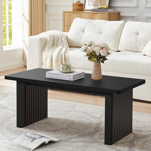 Image of Rectangular Fluted Coffee Table, Farmhouse Wood Coffee Table Mid Century Modern Center Table Boho Living Room Tables for Living Room Office (Black, 19.69 inch D x 43.3 inch W x 17.72 inch H)