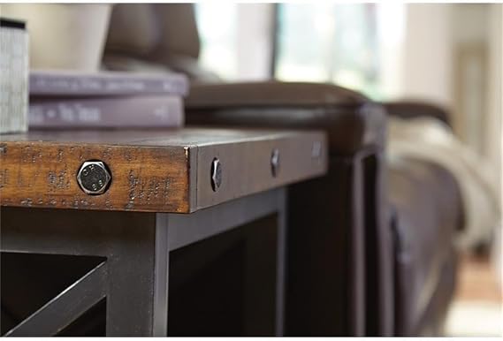 Flexsteel Brown End Table with Metal Frame and Exposed Bolt Heads