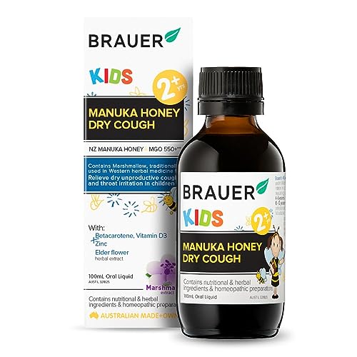 Brauer Manuka Honey Dry Cough Oral Liquid 100 mL, Children 2‐12yrs, Manuka Honey & Marshmallow Root, Supports Dry, Unproductive Coughs