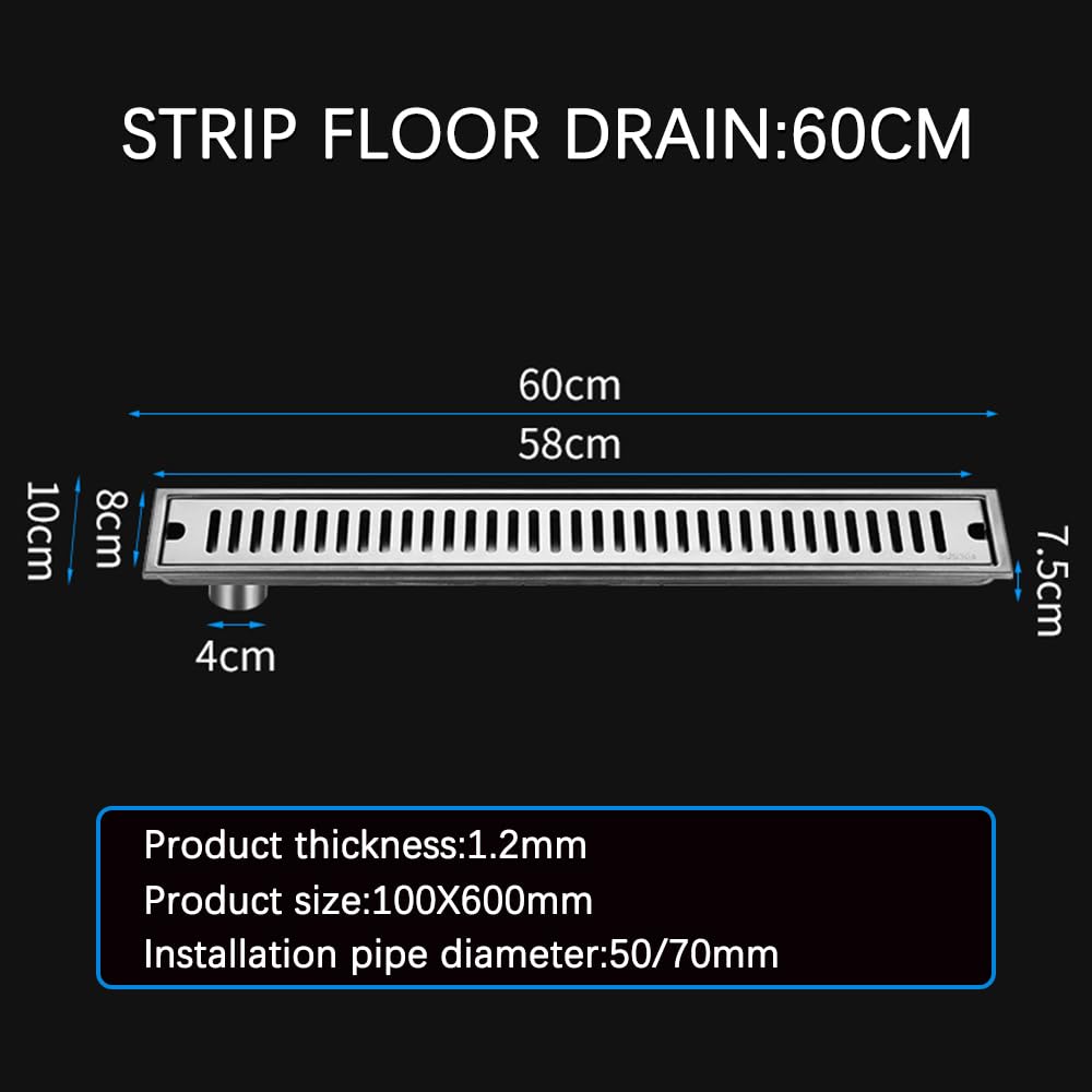Rejilla Desague Ducha 20-100cm Side Outlet Shower Drain Bathroom Drain | Stainless Steel Bathroom Floor Drainage Linear Waste Drain For Kithchen(60x10cm Side)