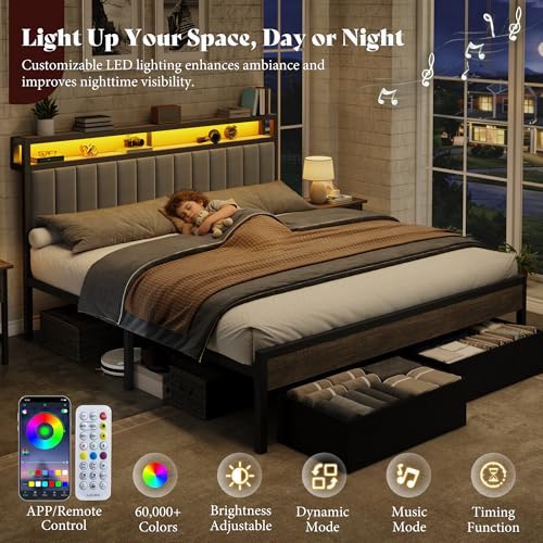 Image of AMERLIFE King Bed Frame with LED Lights & 2-Tier Storage Headboard | Grey, 2 Storage Drawers, Metal Platform Frame, Velvet Upholstery, Heavy-Duty Slats, No Box Spring, Easy Assembly