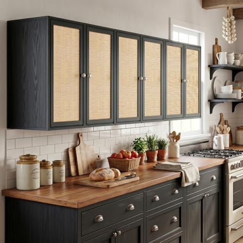 Image of Rattan Wall Cabinets for Laundry Room, Upper Cabinets Wall Mounted with Adjustable Shelves, Wall Cabinet for Kitchen, Bathroom, Bedroom, Black, Set of 3
