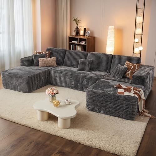 Image of HOOOWOOO Cloud Sectional Couches for Living Room,Modular Sectional Sofa No Assembly,133X70 Inch Plush Corduroy Large U Shaped Floor Couch Set with Deep Seat Chaise Ottoman(Grey)