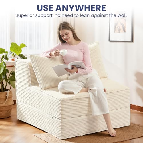 Image of Erament Folding Sofa Bed, 8 inch Convertible Sleeper Sofa Fold Out Chair Bed with Pillow, Portable Floor Couch Lounge Sofa for Living Room Bedroom Guest Room, Beige