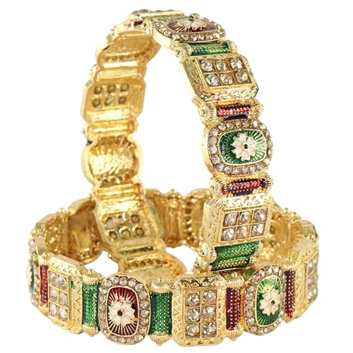 Image of NMII Royal Golden Metal Bangles Set For Women & Girls with Zircon Diamond Stone | Traditional Gold Plated Kangan Set | Fancy Women's Fashion Jewellery Bangles | Wedding, Party, Festive- Set of 2