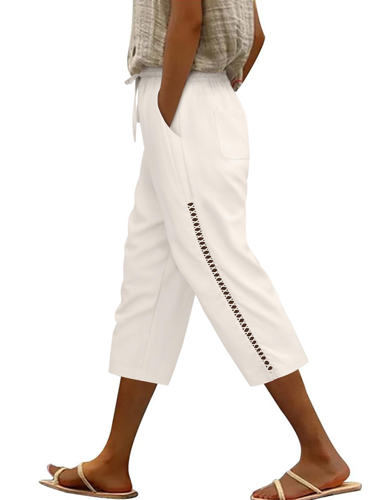 Voqeen Pantalon Lin Femme Pantacourt Été Taille Élastique Et Cordon De Serrage Pantalon Corsaire Léger avec Poches Short Lin Décontracté Pantalon 3/4 Creux pour Femmes