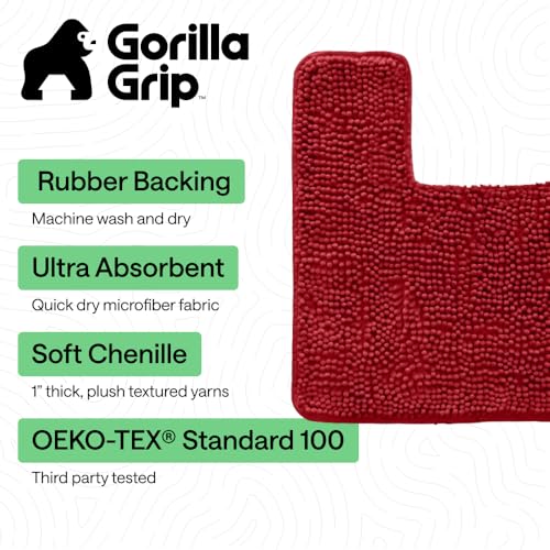 Image of Gorilla Grip Plush Absorbent Shaggy Chenille Bath Rug Mat for Toilet Base with Rubber Backing, Machine Washable, Microfiber Bathroom Contour Mats for Toilets, Bath Room Decor, Square, 22.5x19.5, Red