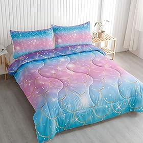 Roscloud Kids Mermaid Scale Twin/Full Comforter Sets Rainbow Girls Bedding Sets - Clolorful Scale Golden Border Diamonds… 51oZ8r7A4sL. SS280