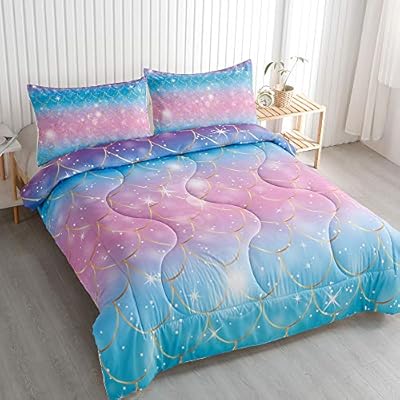 Roscloud Kids Mermaid Scale Twin/Full Comforter Sets Rainbow Girls Bedding Sets - Clolorful Scale Golden Border Diamonds… 51oZ8r7A4sL. SS400