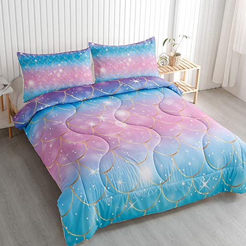 Roscloud-Kids-Mermaid-Scale-TwinFull-Comforter-Sets-Rainbow-Girls-Bedding-Sets-Clolorful-Scale-Golden-Border-Diamonds-Pearl-Stars-Quilt-Set-Bedspread-7286-Inch-Comforter1-Pillowcase2 51oZ8r7A4sL