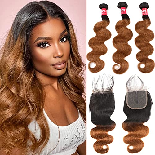 Haha 10A Brazilian Human Hair Ombre Bundles With Closure Body Wave 18 20 22+16 1B/30 Honey Brown Virgin Hair Weave Bundles With 4x1Inch Hand-Tied Lace Closure
