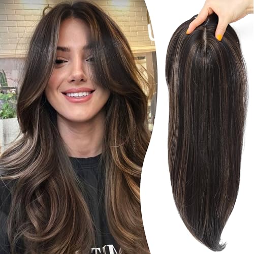 Image of Synthetic Hair Topper with Bangs 18 Inch Layered Toppers for Women with Thinning Hair 5.5 inch x 5 inch hand Tied Forehead Hairline 360 3D Cover Wispy Synthetic Toppers Hair for Women Fiber Wiglets