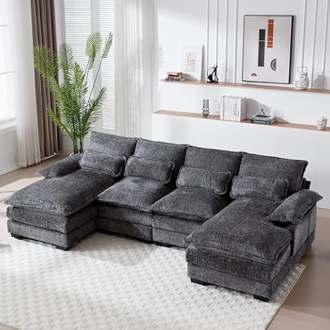 GNIXUU 110" Sectional Sofa Cloud Couch for Living Room, Modern Chenille U Shaped Couch, Comfy Modular Sofa Sleeper with Double Chaise & Memory Foam(Gray) Cover