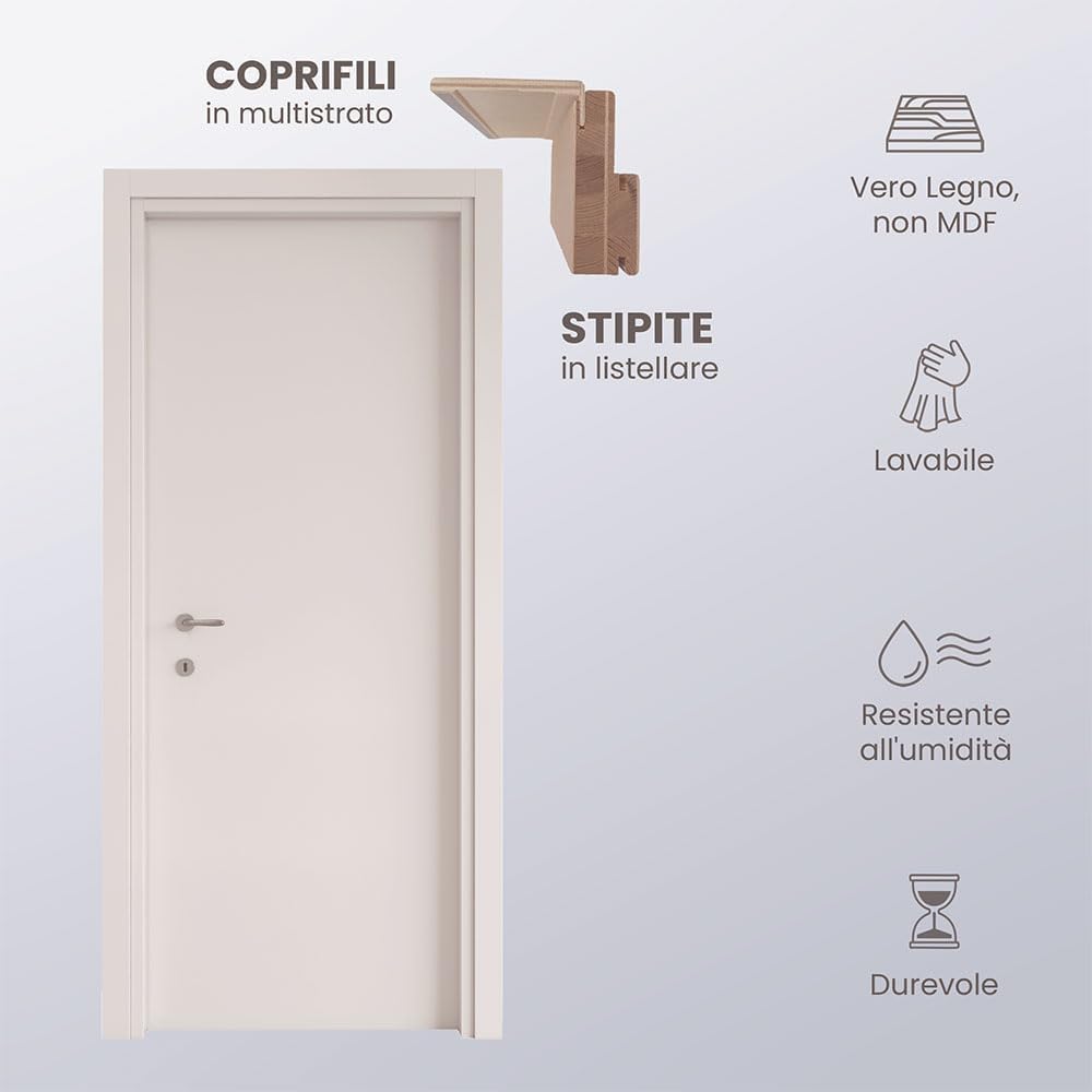 WOODiy | Porta a Battente da Interno in Legno Massello | Porta a Filo Muro | Materiali di alta qualità | Made in Italy | Finitura: FANCY WHITE (Apertura Verso Sinistra, 80x210)