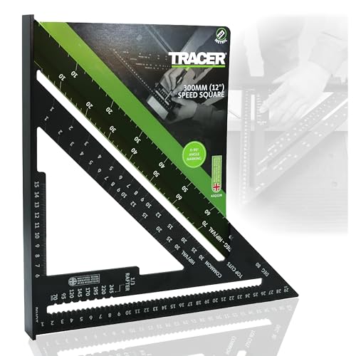 TRACER Speed Square 300 mm (12 pulgadas). Cuadrado de balsas con escalas métricas y de cadera y valle. Herramienta de marcado para techos y carpintería
