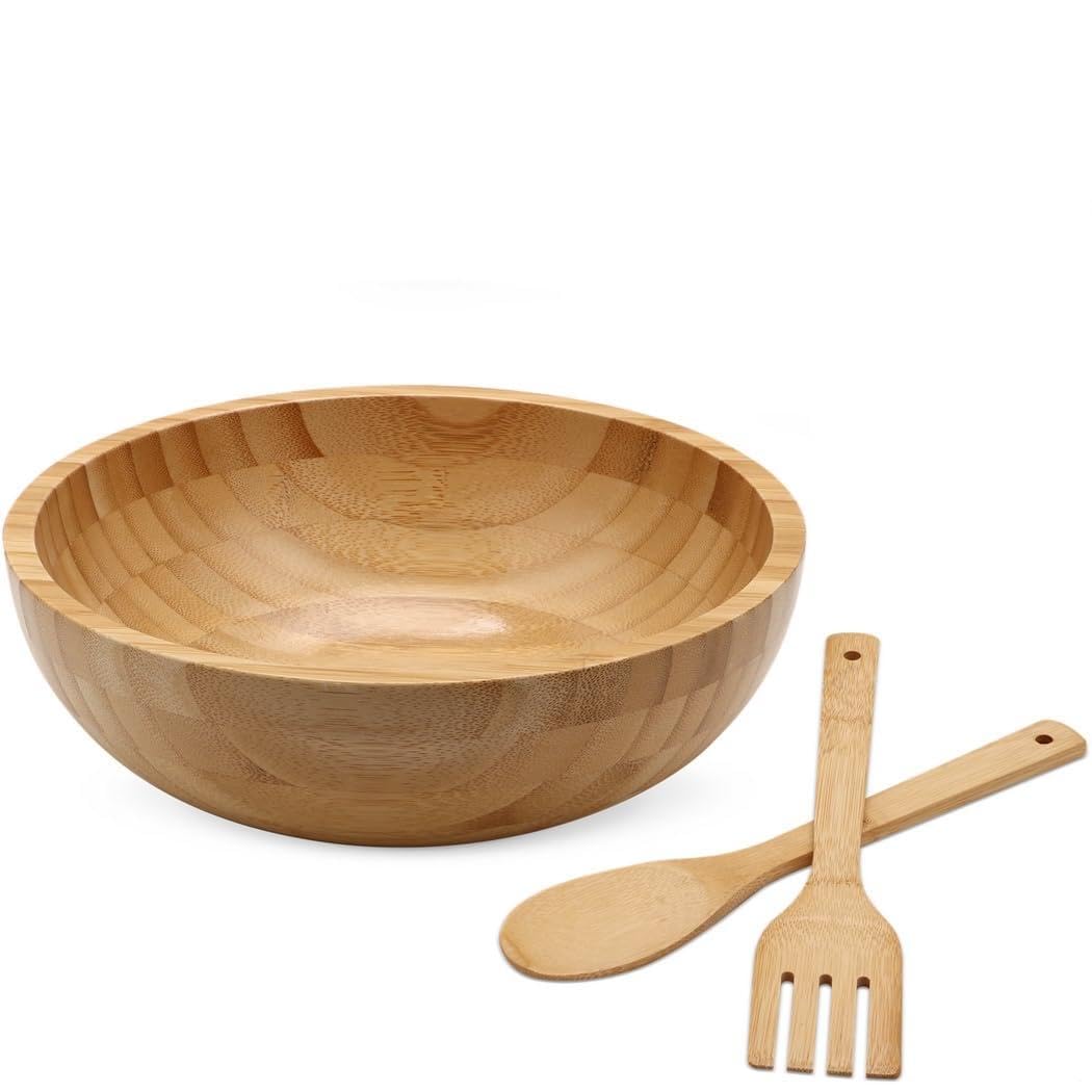 Ensaladera de madera de bambú de 10 pulgadas con 2 cucharas de servir, recipiente grande para mezclar y servir, utensilios de cocina funcionales