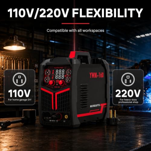 YESWELDER 160A MIG Welder, 110V/220V MIG/Flux Core/Lift TIG/Stick | 4-In-1, synergic control, clear digital display, efficient setup, beginner friendly