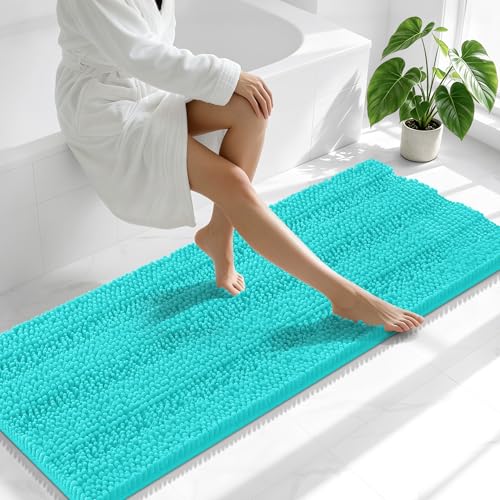 Image of Smiry Thick Chenille Bathroom Runner Rugs 59x20, Absorbent Striped Bath Mat, Machine Washable, Rubber Backing, Extra Long Bath Rugs for Tub & Shower, Modern Home Decor Accessories, Teal