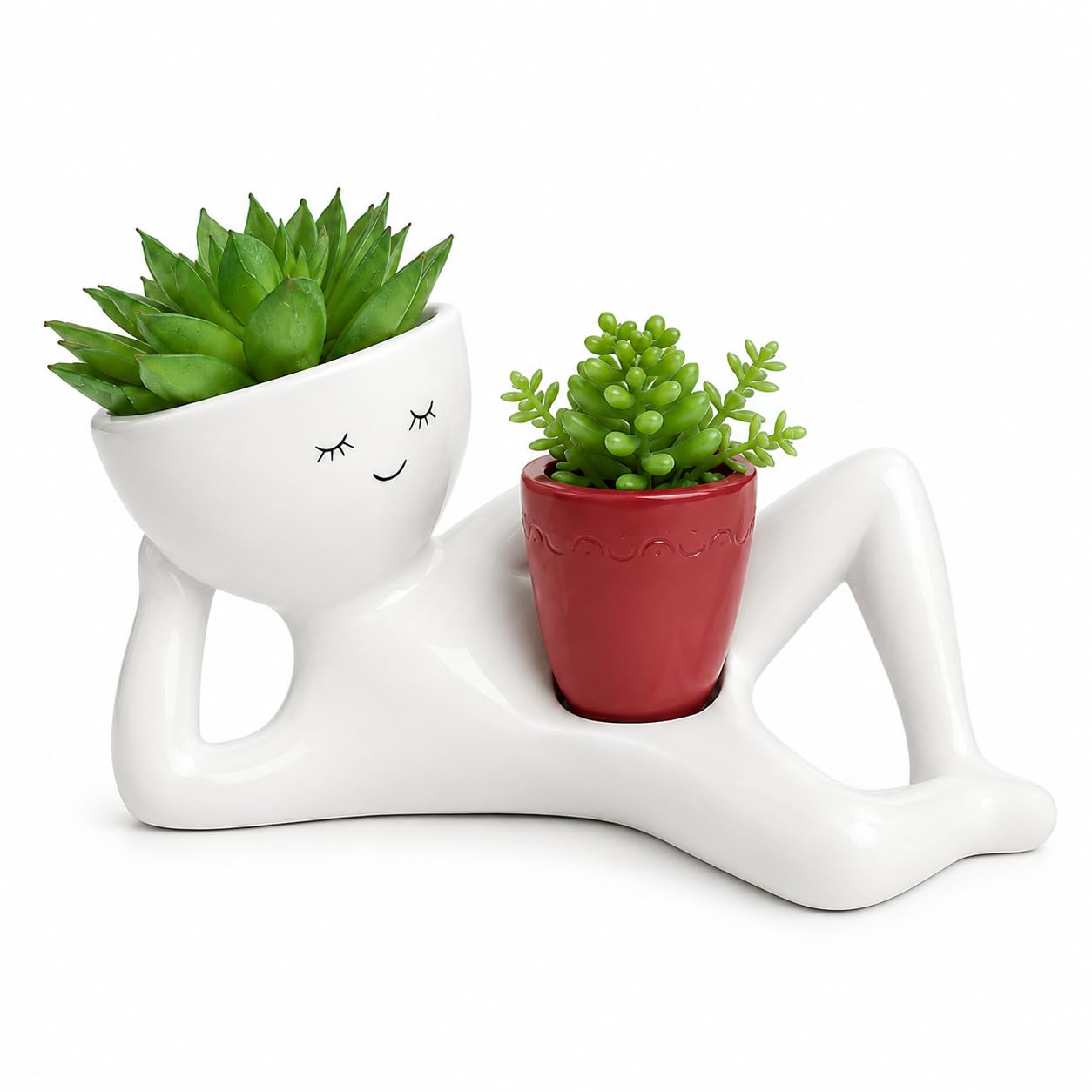 Cinvoma Lazy Guy Planter, Funny Plant Pots with Drainage, 23cm Resin Goofy Garden Pots, Relaxing Person Holding Pot Planter for Succulents Cactus (Red)