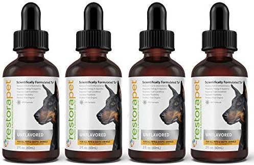 RestoraPet 4-Pack Unflavored Organic Pet Supplement For Dogs, Cats, Horses | Healthy & Safe Antioxidant Liquid Drops | Anti-Inflammatory Multi-Vitamin | Increases Mobility, Energy & Reduces Joint Pain