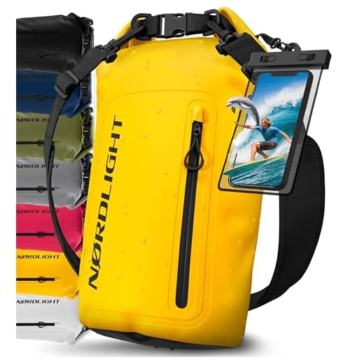 Nordlight Dry Bag wasserdichte Tasche mit Handyhülle + Roll-Top, Schultergurt | Drybag wasserfester Rucksack Beutel Packsack Seesack Wassersack Wetbag | Baden Schwimmen Strand SUP – Gelb, 30 Liter