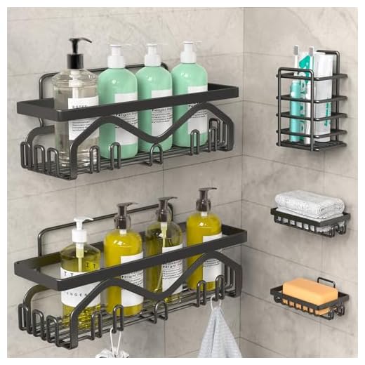 Coraje Shower Caddy, Shower Shelves [5-Pack], Adhesive Shower Organizer No Drilling, Large Capacity, Rustproof Stainless Steel Bathroom Shower Organizer, Shower Shelf for Inside Shower, Black