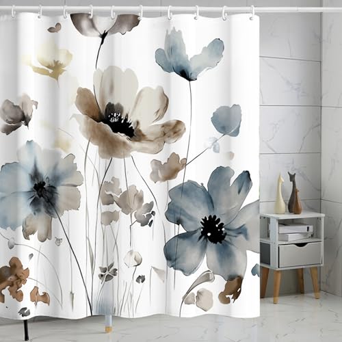 ZCHOMI Grey Blue and Tan Floral Shower Curtain Cream Beige Brown Watercolor Ink Flower Shower...