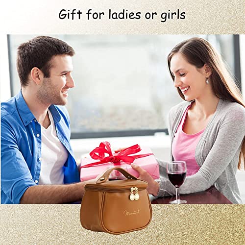 Image of ARLICORPING Makeup Storage Bag, Portable Cosmetic, PU Leather Multifunctional Vanity Bag for Makeup,Cosmetic Brush Case, Cosmetic Travel Bag for Women Organization Bag with Handle(Brown)
