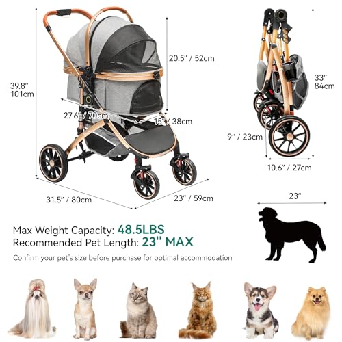 YITAHOME Hundewagen 3 in 1 Hundebuggy Bis 22kg, Klappbar, Hundewagen für Kleine Hunde, Hundebuggy Kleine Hunde, Hunde Buggy, katzenwagen, Faltbar Hund Kinderwagen, Tragbarer Kinderwagen (Grau)