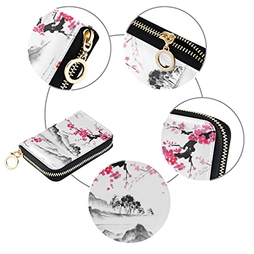 Cherry Blossom Japanese Mountain Fuji Credit Card Coin wallet, RFID Blocking Compact Women Leather Card Holder, Key Change Organizer, Zipper Purse Clutch Pouch Pocket3