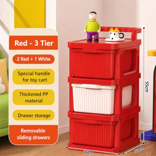 Image of JD FRESH 3 Tier Plastic Storage Drawer Cabinet with Wheels /Plastic Storage Drawer /Multipurpose Chest of Drawer /Storage Box for Living Room, Office and Home /Toys Organizer for Kids Room (Red)