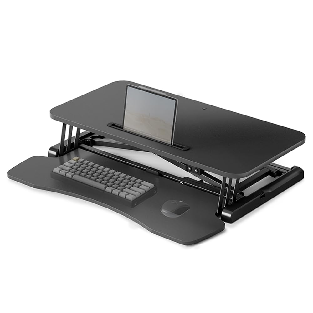 Spacetronik Schreibtischaufsatz Höhenverstellbar 15-68 cm, Steh-Sitz Schreibtisch mit X-Lift Mechanismus, Tastaturablage & Tablet-Slot, Stehpult freistehend, Traglast 20 kg, 80×40 cm