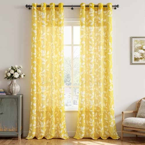 CUTEWIND Rideau Voilage Voile Jaune Rideau Chambre 2 Pièces à Oeillets 140x260 cm (L x H), Rideau Transparent Moderne avec Motif Feuilles Blanches pour...